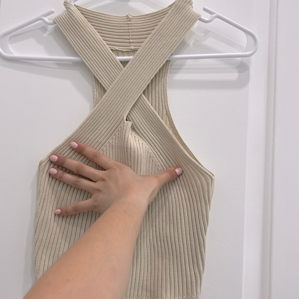 Beige front criss cross ribbed sweater crop top